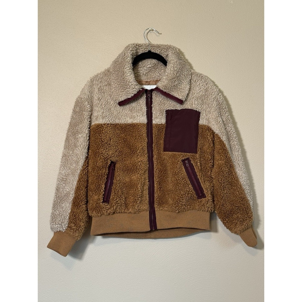 American Eagle Brown Tan Burgundy‎ Sherpa Cozy Jacket Women's XS Full-Zip